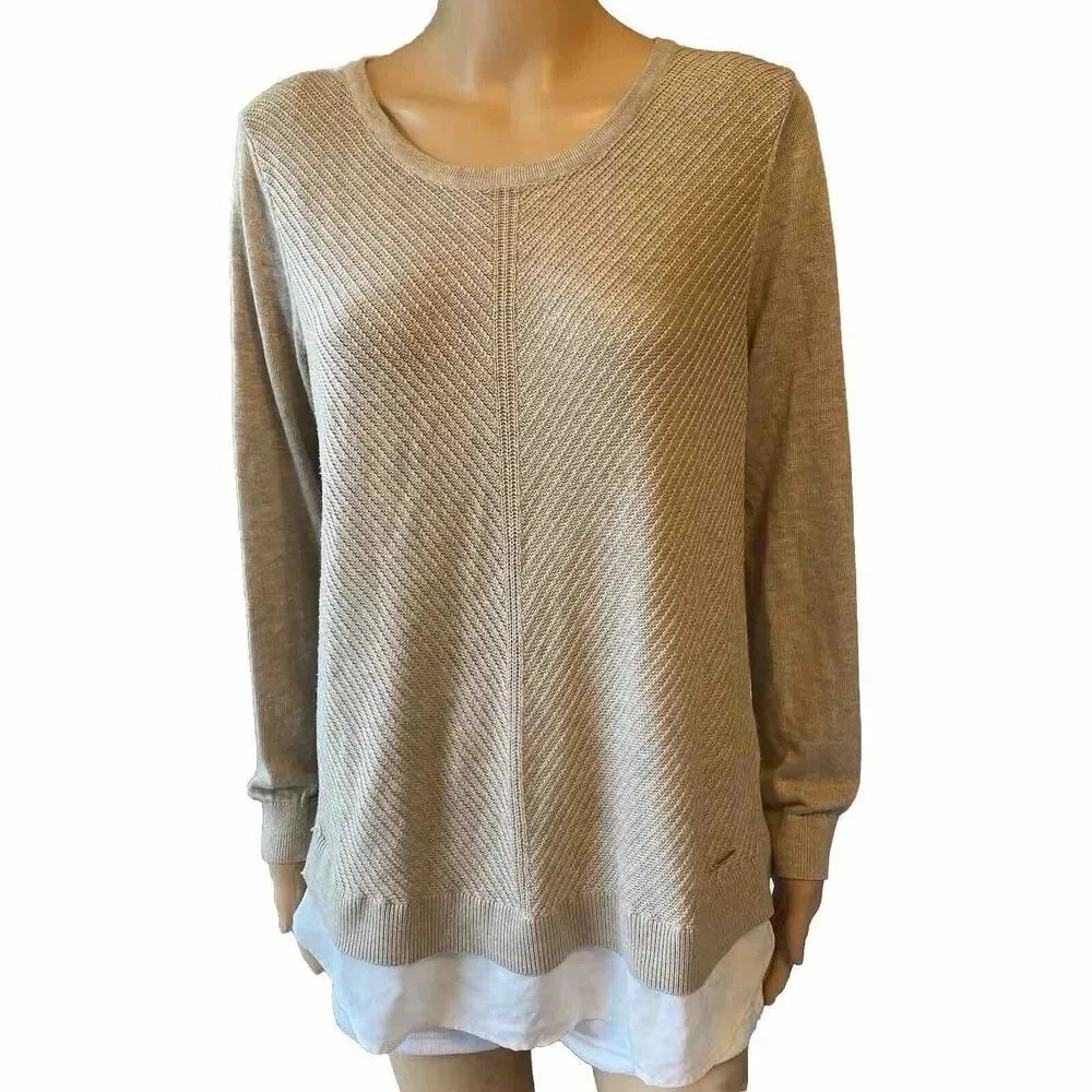 Calvin Klein Women’s L Knit Sweater Beige Pullover Layered Style Soft Stretch
